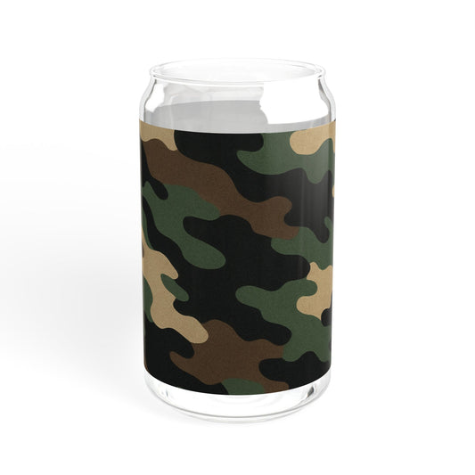 Camouflage Sipper Glass mug by Printify, 16oz eco-friendly drinkware with a camouflage design, ideal for outdoor activities and camping.