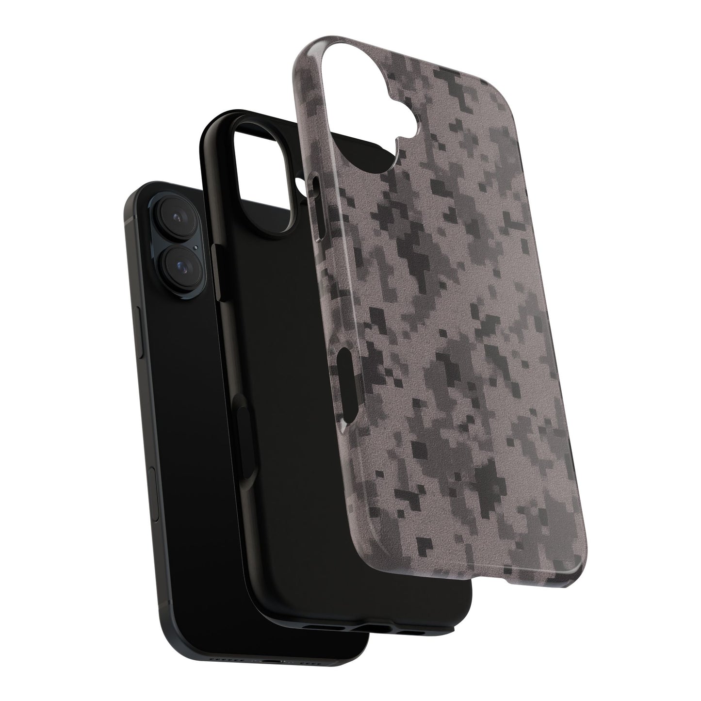 Gray digital camouflage phone case by Printify offering tough, protective cover for smartphones.
