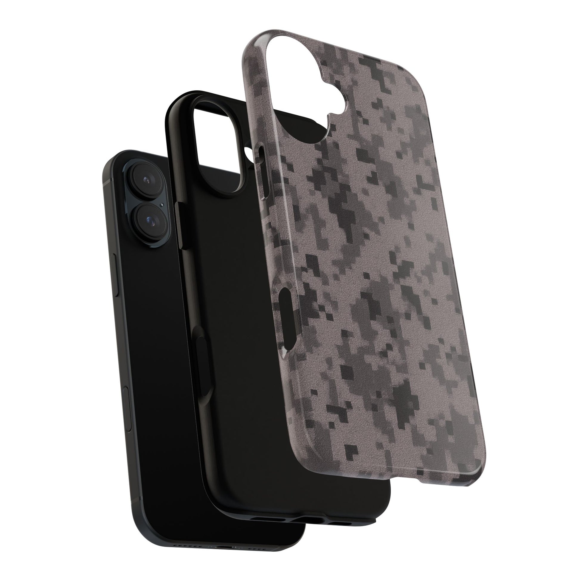 Gray digital camouflage phone case by Printify offering tough, protective cover for smartphones.