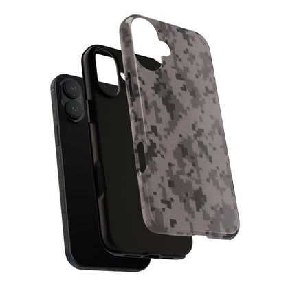 Gray digital camouflage phone case by Printify offering tough, protective cover for smartphones.