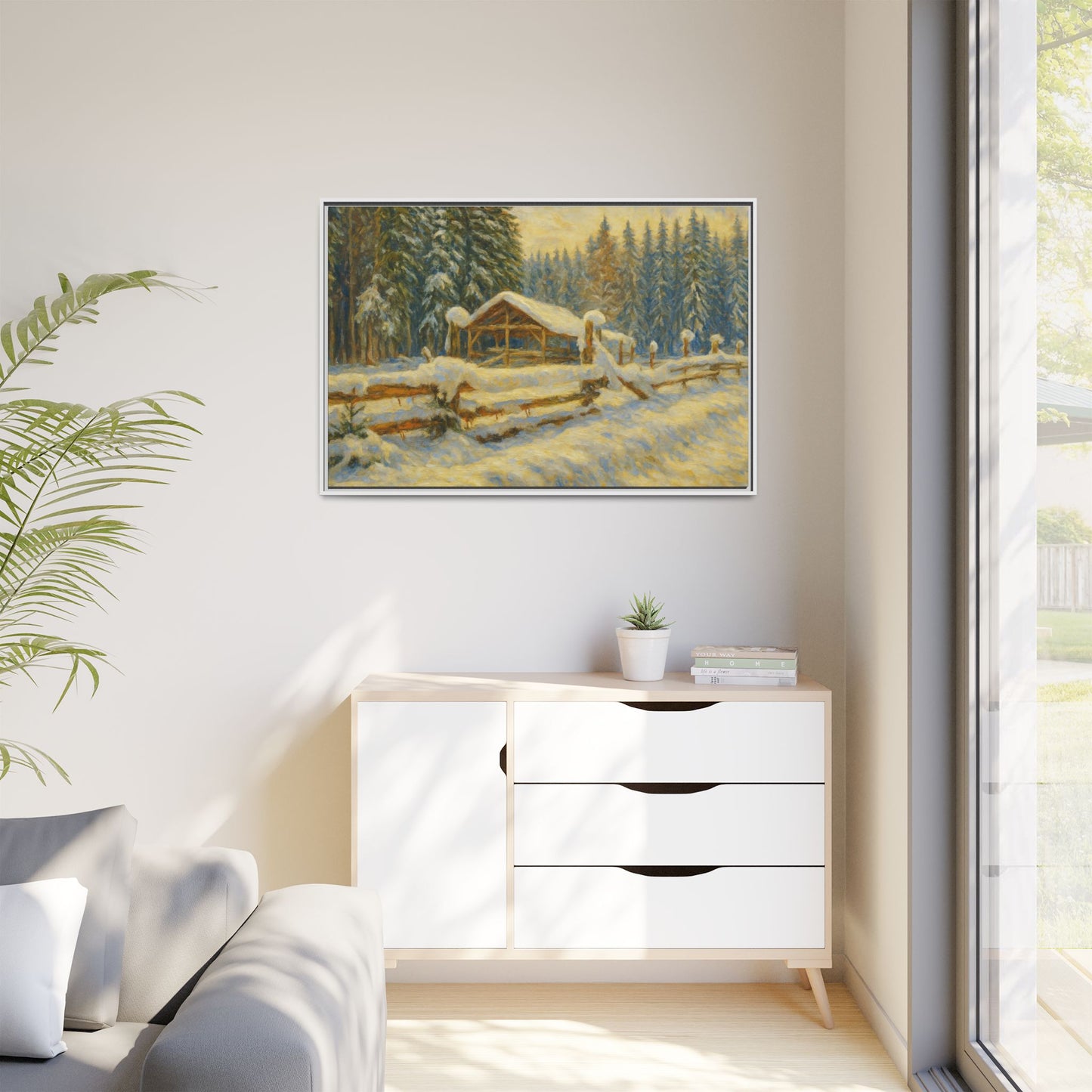 Snowy cabin winter landscape canvas wall art by Printify, featuring a cozy snowy cabin scene in a matte framed print.