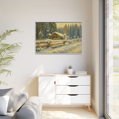Snowy cabin winter landscape canvas wall art by Printify, featuring a cozy snowy cabin scene in a matte framed print.
