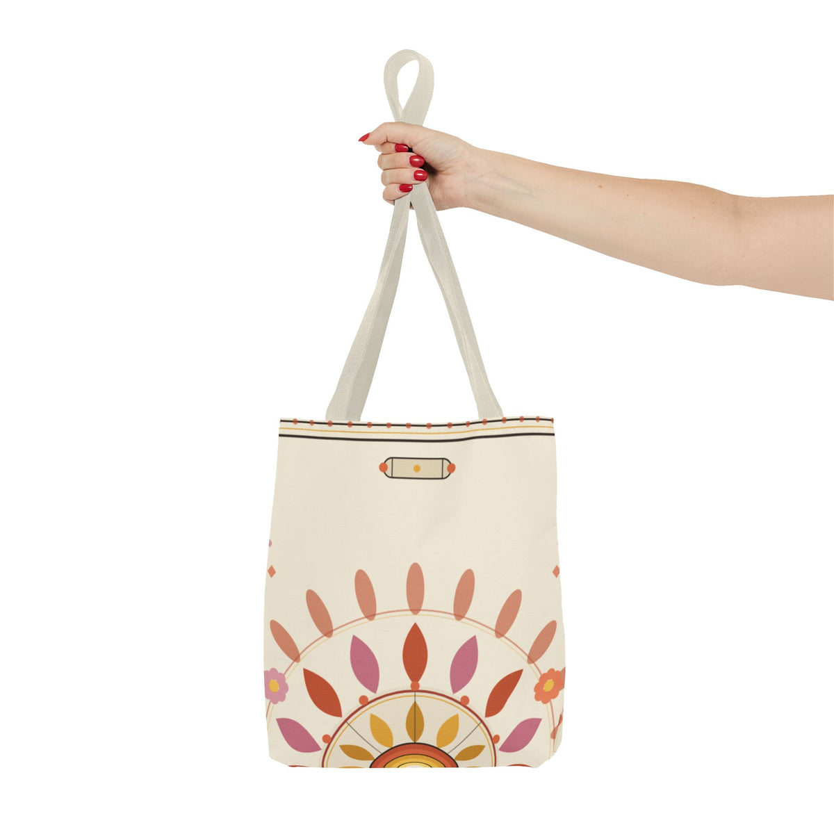 Boho floral mandala tote bag with pastel sunburst pattern, featuring vibrant design and sturdy fabric, perfect for everyday use.