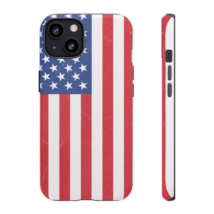 American flag tough phone case for iPhone and Samsung, patriotic protective cover with bold flag design, durable and stylish.