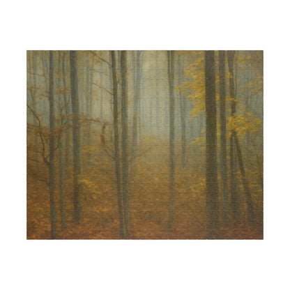 Printify Misty Forest Trees puzzle featuring 110 and 1014 pieces, showcasing a serene forest scene with lush trees and mist.