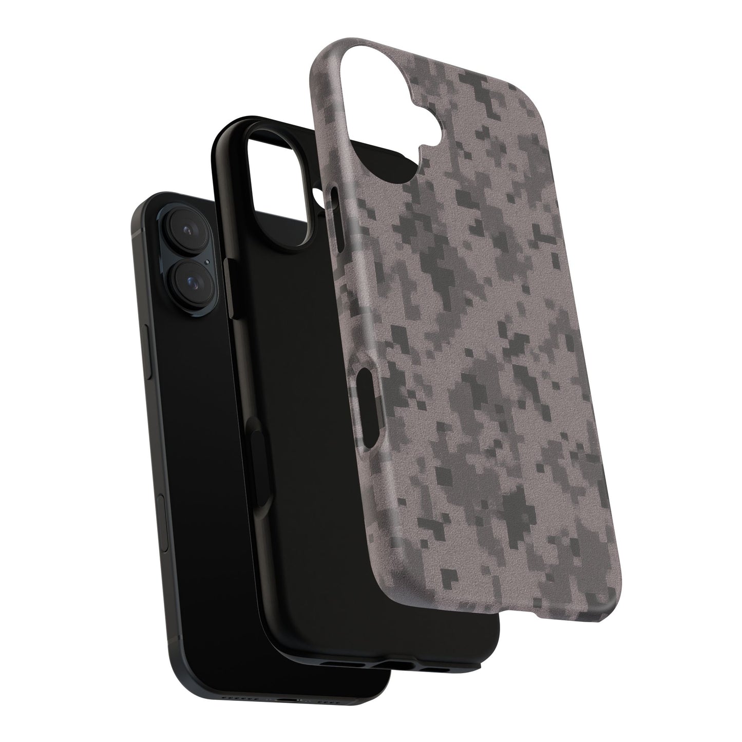 Gray digital camouflage phone case by Printify, tough protective cover designed for durable, stylish device protection.