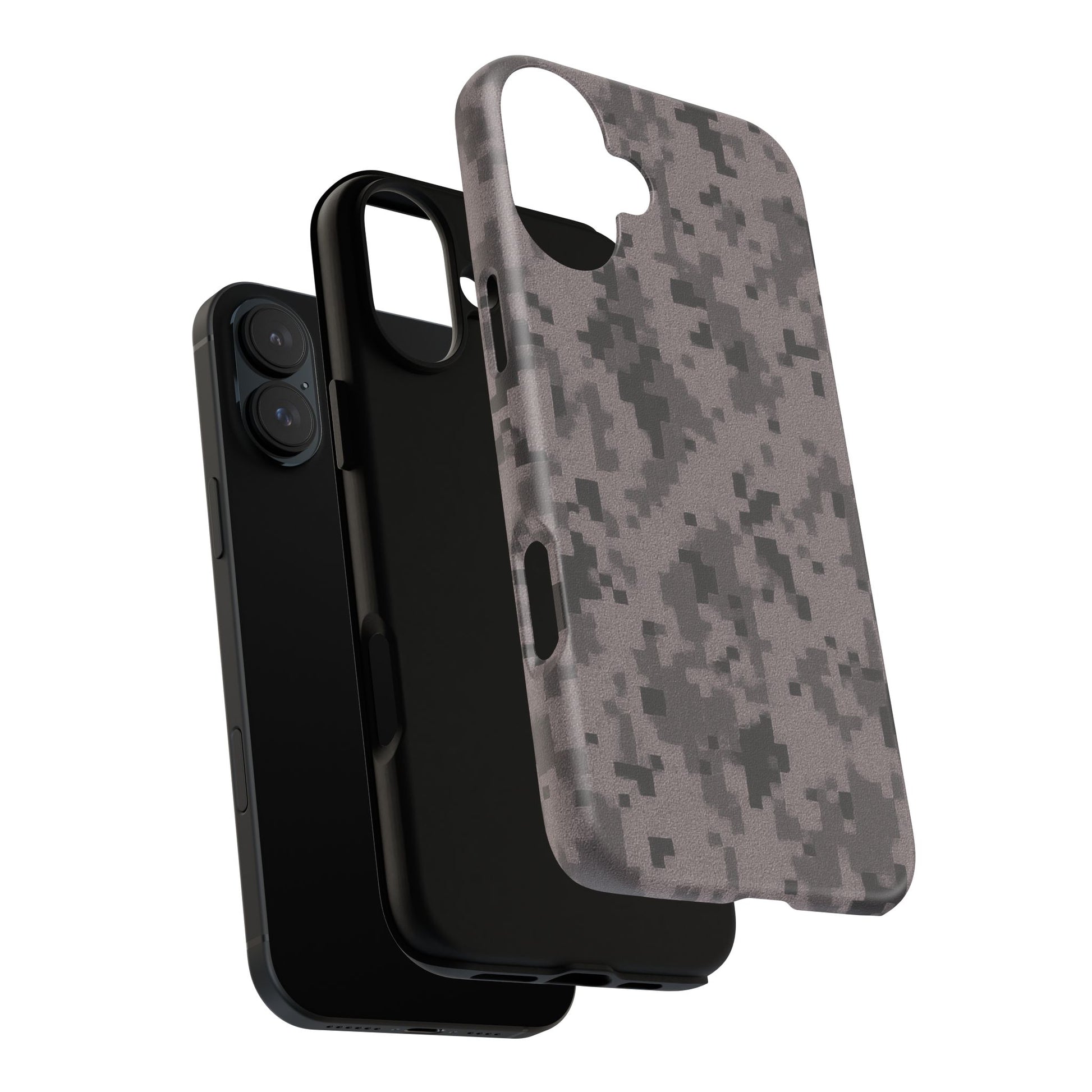 Gray digital camouflage phone case by Printify, tough protective cover designed for durable, stylish device protection.