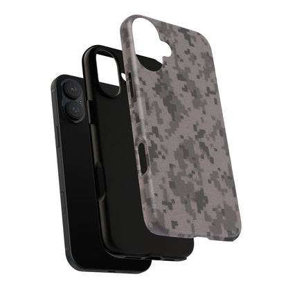 Gray digital camouflage phone case by Printify, tough protective cover designed for durable, stylish device protection.