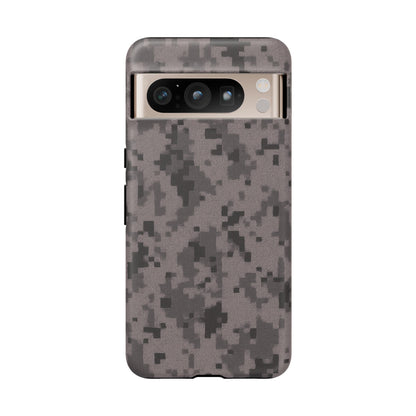 Gray digital camouflage phone case by Printify, tough protective cover with gray camouflage pattern for smartphones.