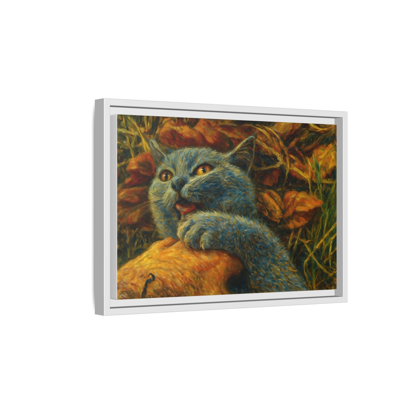 Blue cat canvas print featuring whimsical wall art, perfect for cat lovers, by Printify.