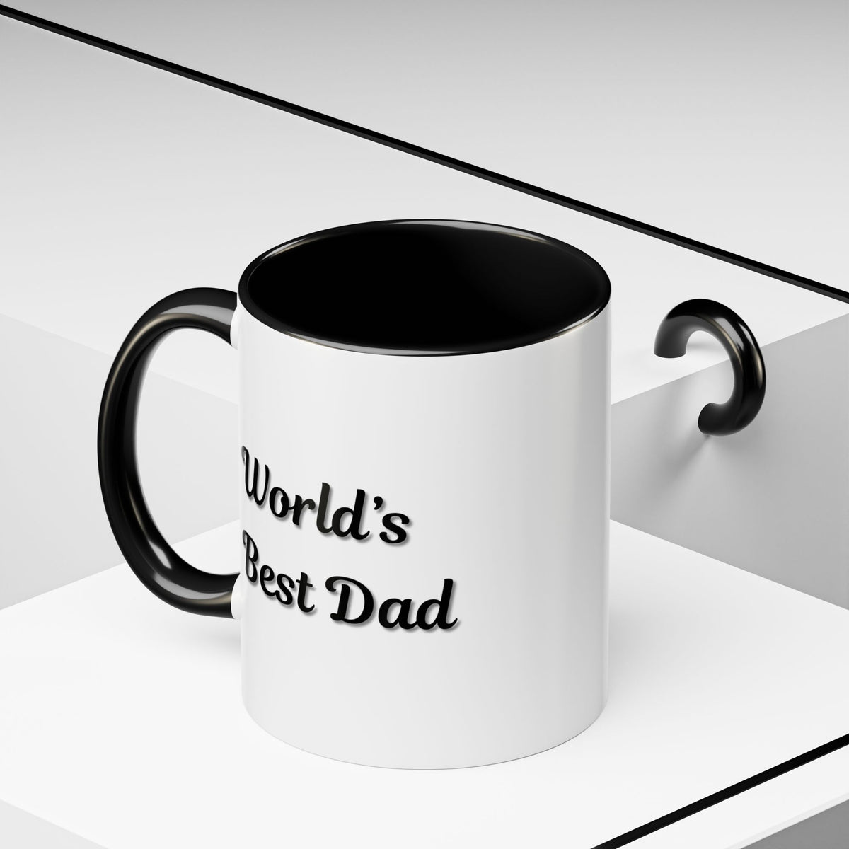 Black trim coffee mug with "World's Best Dad" slogan, 11oz or 15oz size, ceramic printify mug with bold lettering.