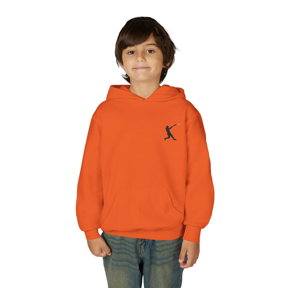 Kids youth baseball silhouette hoodie featuring a baseball player design, comfortable pullover sweatshirt for children.