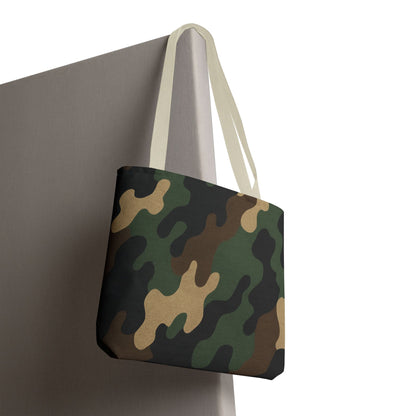 Camo pattern tote bag made of canvas, featuring an all-over camouflage print, designed for casual carrying and style.