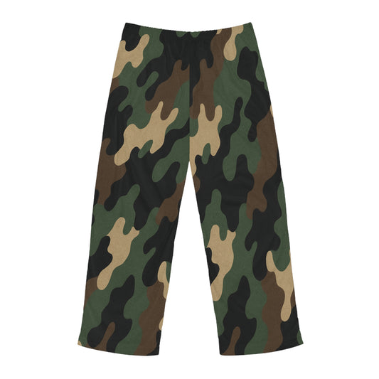 Men's camo lounge pajama pants with all-over print, soft sleepwear from Printify, featuring a comfortable fit and camouflage pattern.