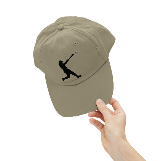 Distressed baseball cap by Printify featuring a silhouette batter design, with a curved brim and adjustable strap.