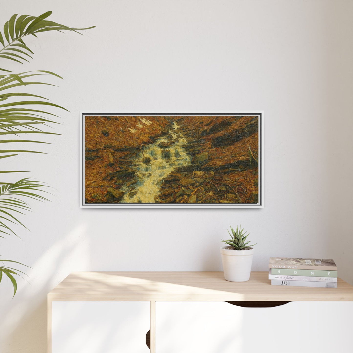 Framed matte canvas print of autumn stream landscape artwork by Printify, showcasing vibrant fall colors and serene nature scene.