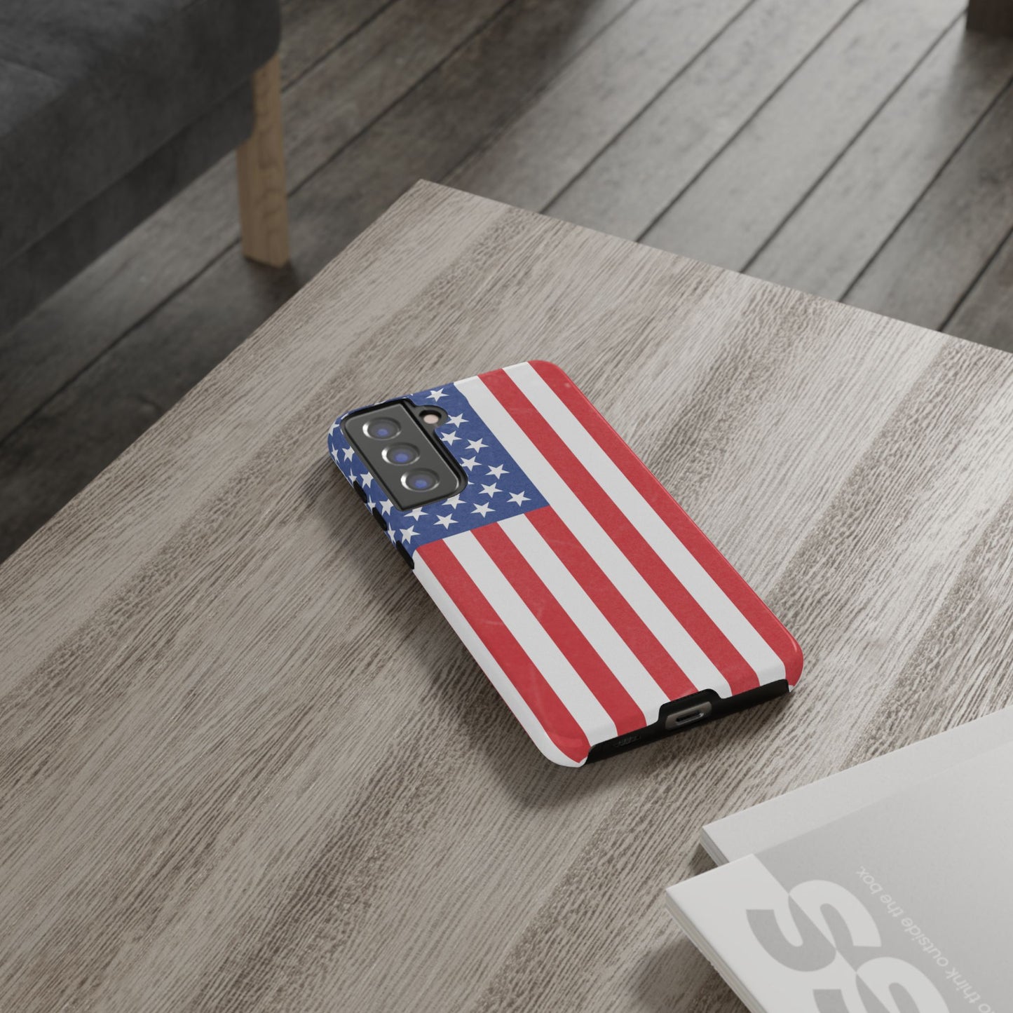 American flag tough phone case for iPhone and Samsung, patriotic protective cover with bold flag design by Printify.