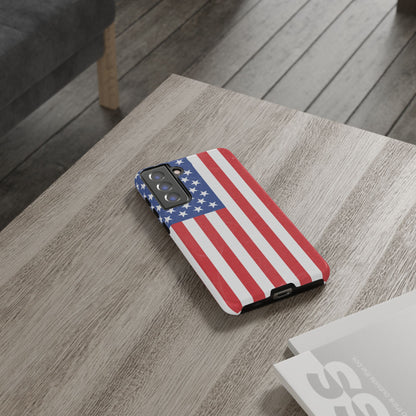 American flag tough phone case for iPhone and Samsung, patriotic protective cover with bold flag design by Printify.
