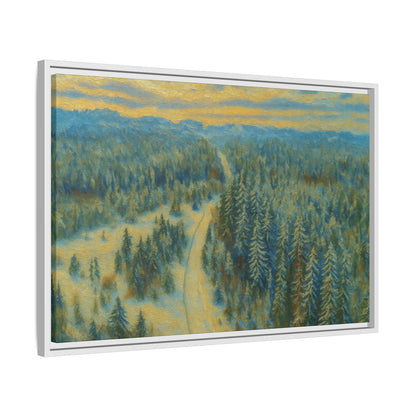 Framed matte canvas print of a serene winter forest landscape by Printify, showcasing snow-covered trees and peaceful scenery.