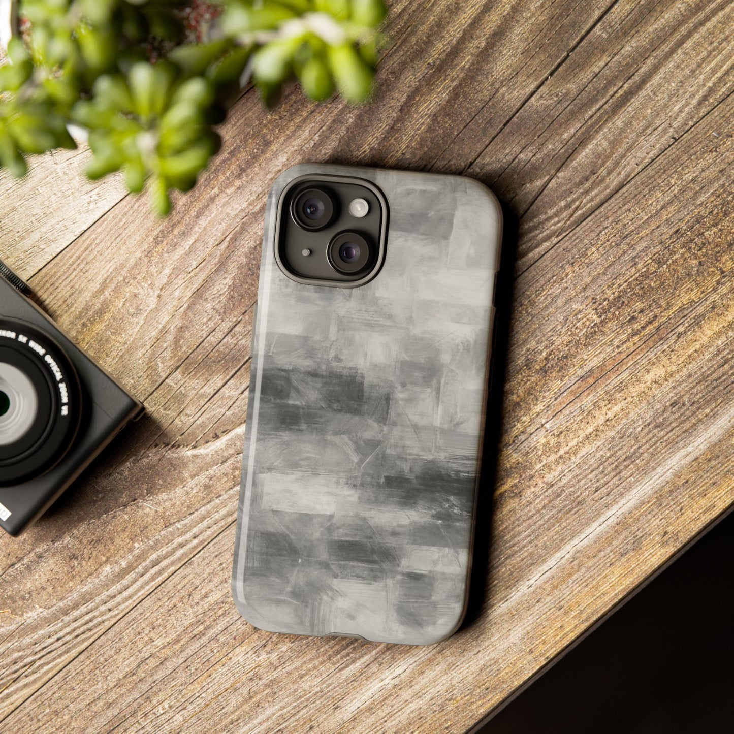 Abstract gray grid phone case for iPhone, tough protective cover by Printify featuring modern geometric design.