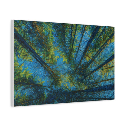 Forest Canopy Matte Canvas Wall Art — Upward View of Trees, Blue & Green Nature Print