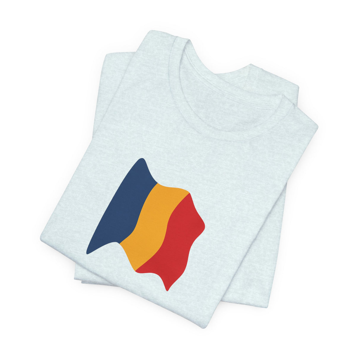 Romania Flag T-shirt featuring a minimal waving tricolor design, made by Printify, displayed on a plain background.