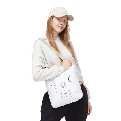 Minimal moon and sun botanical tote bag featuring celestial line art, made by Printify, with a natural fabric and artistic design.