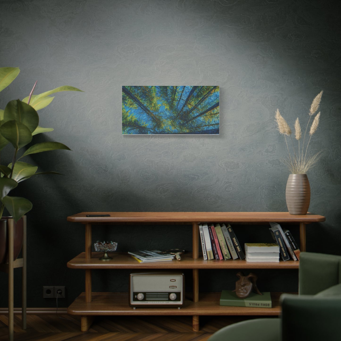Forest Canopy Matte Canvas Wall Art — Upward View of Trees, Blue & Green Nature Print