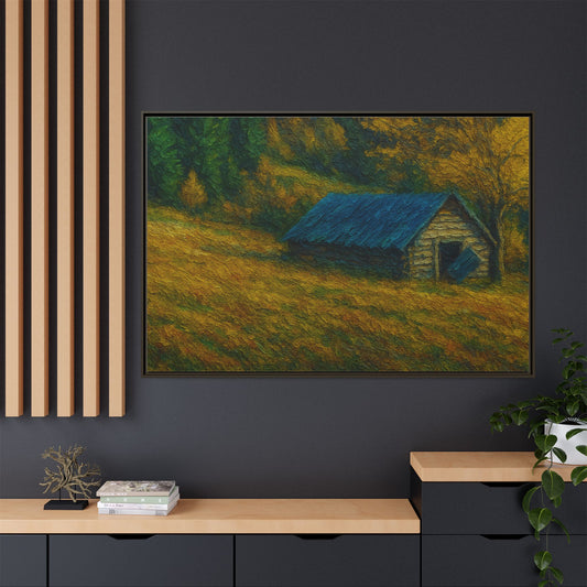 Framed matte canvas wall art featuring an autumn barn landscape with trees and a rural scene, by Printify.