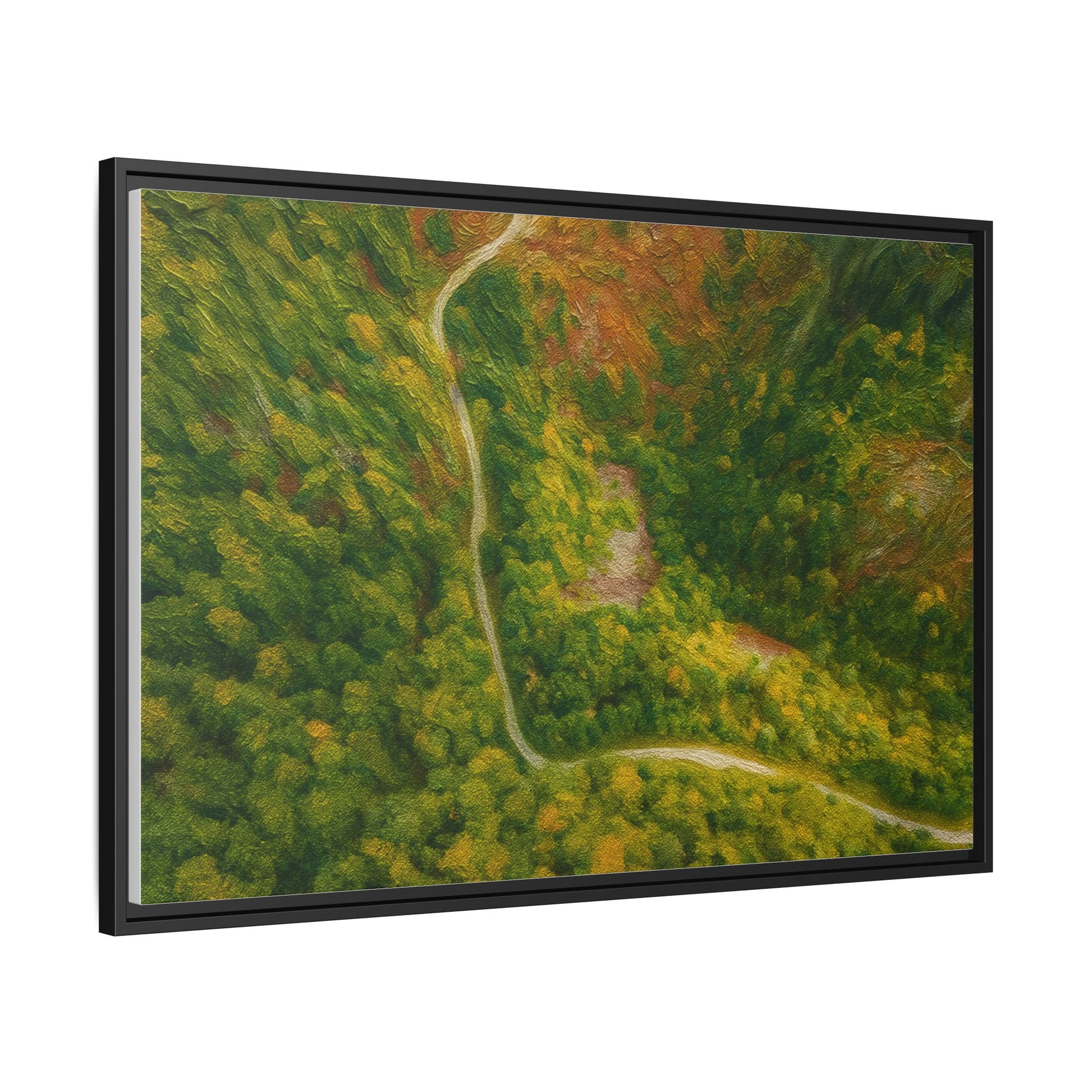 Colorful framed matte canvas wall art featuring an aerial view of a forest path landscape by Printify.