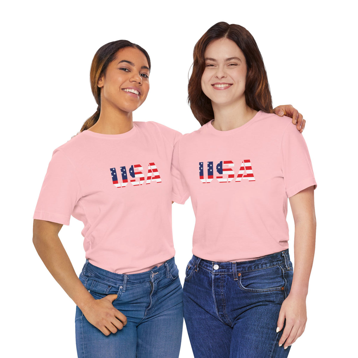 USA flag text T-shirt by Printify featuring patriotic July 4th design, with red, white, and blue colors and bold flag imagery.