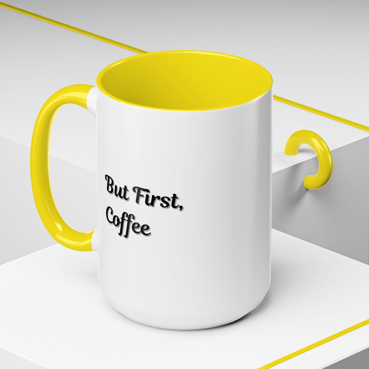 Black handle and rim coffee mug featuring "But First Coffee" slogan, 11oz size, by Printify.