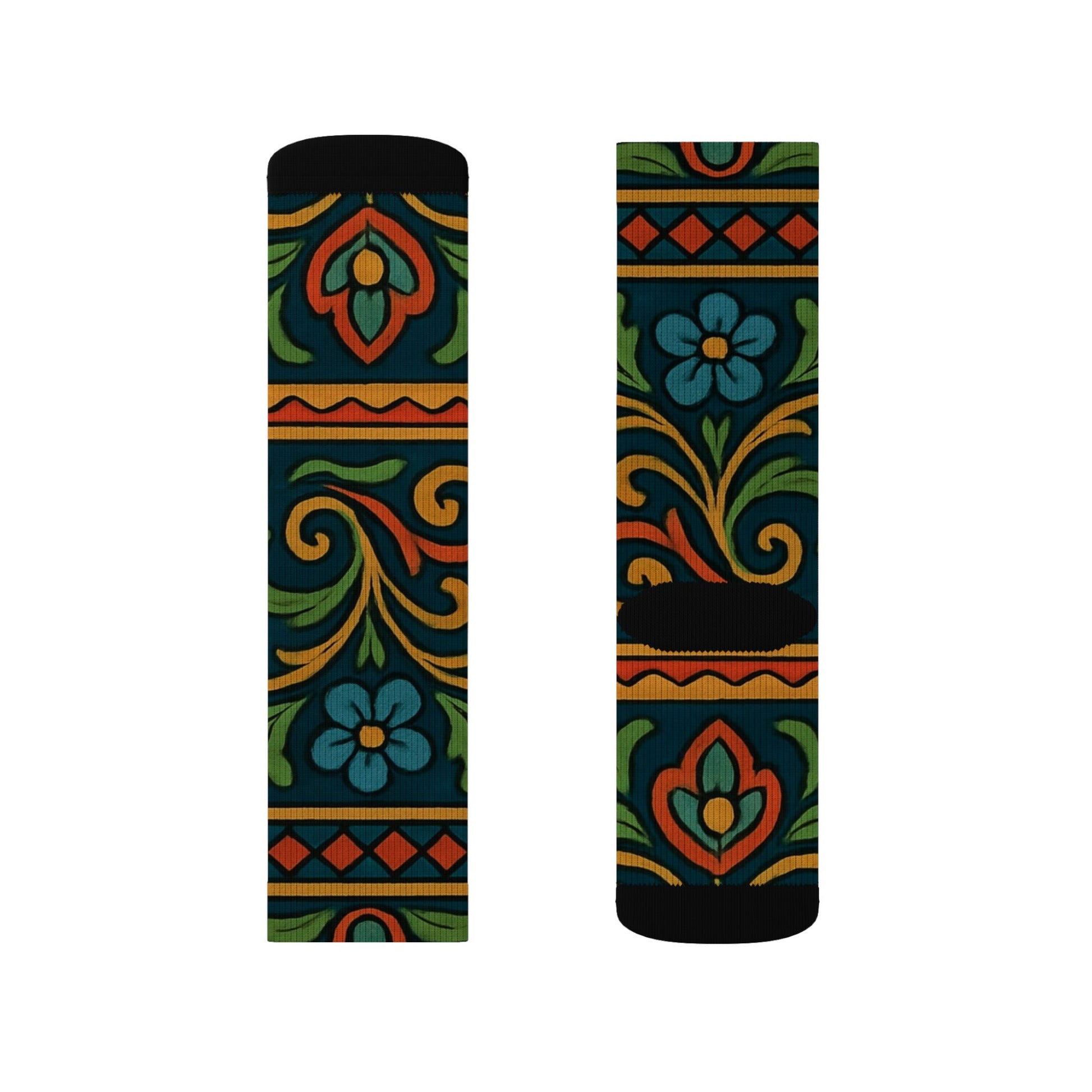 Victorian floral tile sublimation crew socks with all-over floral pattern, vibrant colors, and detailed design by Printify.