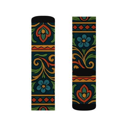 Victorian floral tile sublimation crew socks with all-over floral pattern, vibrant colors, and detailed design by Printify.