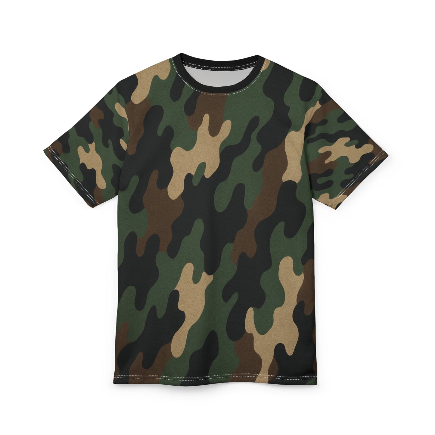 Printify woodland camouflage all-over print tee featuring classic woodland camouflage pattern on a casual shirt.