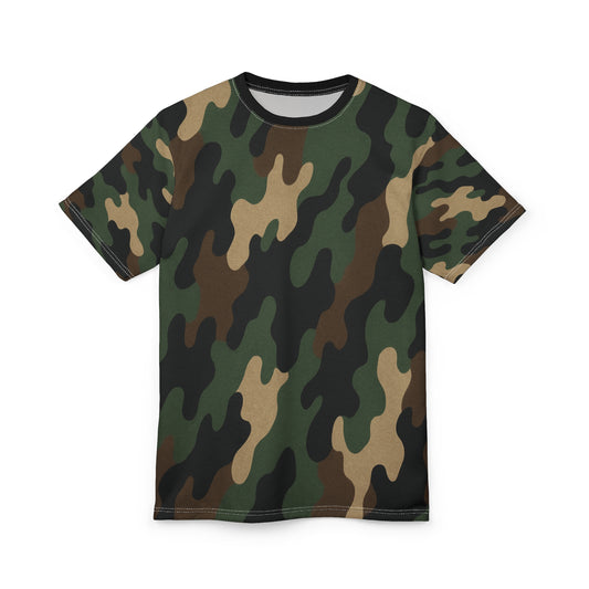 Printify woodland camouflage all-over print tee featuring classic woodland camouflage pattern on a casual shirt.