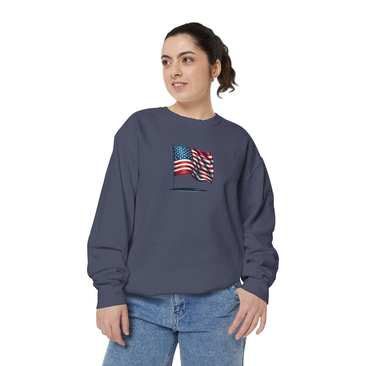 Patriotic Unisex Garment-Dyed Sweatshirt with Vintage American Flag, Cozy Fall Outfit, Statement Sweater, Gift for Veterans, Casual Fashion - TRV