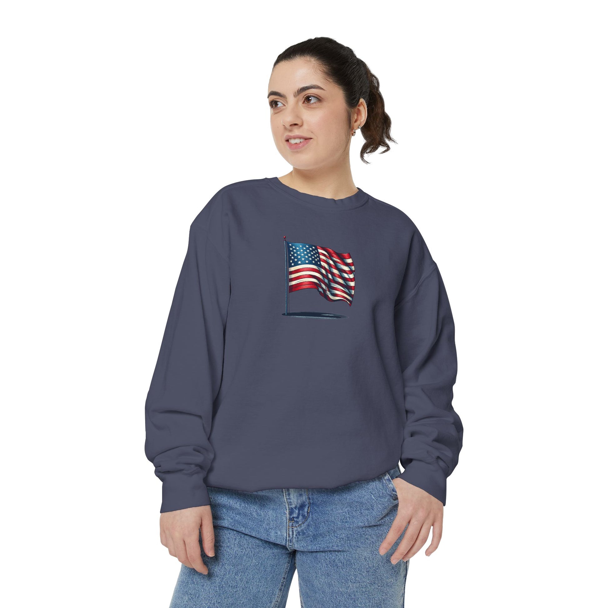 Patriotic Unisex Garment-Dyed Sweatshirt with Vintage American Flag, Cozy Fall Outfit, Statement Sweater, Gift for Veterans, Casual Fashion - TRV
