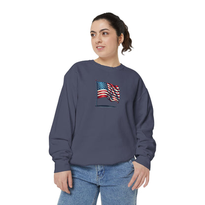 Patriotic Unisex Garment-Dyed Sweatshirt with Vintage American Flag, Cozy Fall Outfit, Statement Sweater, Gift for Veterans, Casual Fashion - TRV