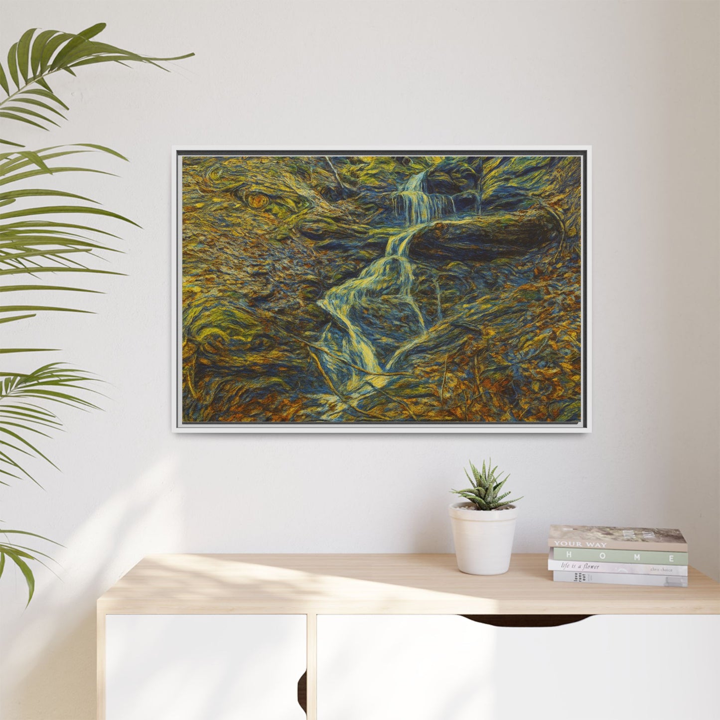 Framed matte canvas wall art featuring an autumn forest with a waterfall, by Printify.