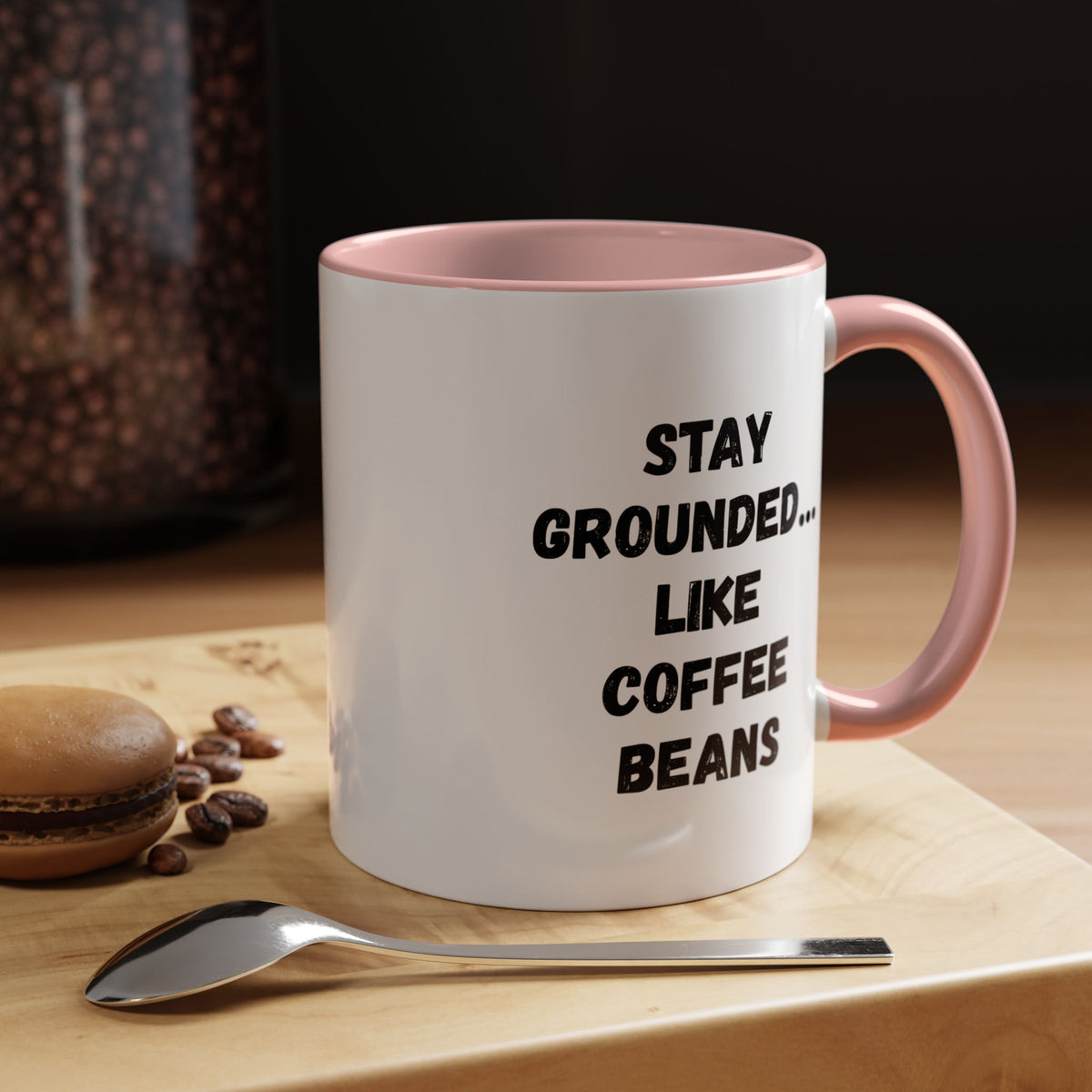White ceramic coffee mug featuring "Stay Grounded Like Coffee Beans" print, perfect for coffee lovers, 11oz size.