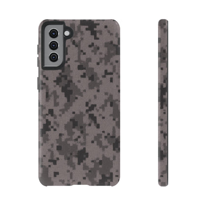 Gray digital camouflage phone case by Printify, tough protective cover for smartphones with a durable camouflage design.