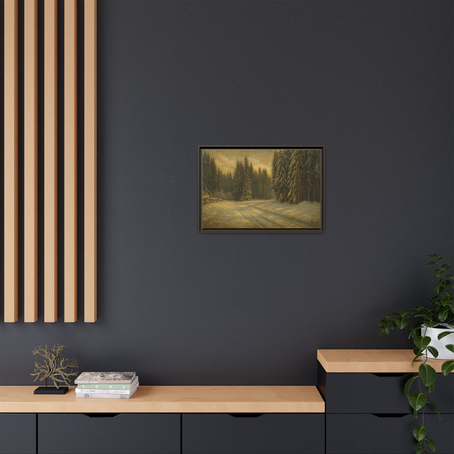 Framed matte canvas of a winter forest landscape wall art by Printify showing snow-covered trees and serene woodland scene.