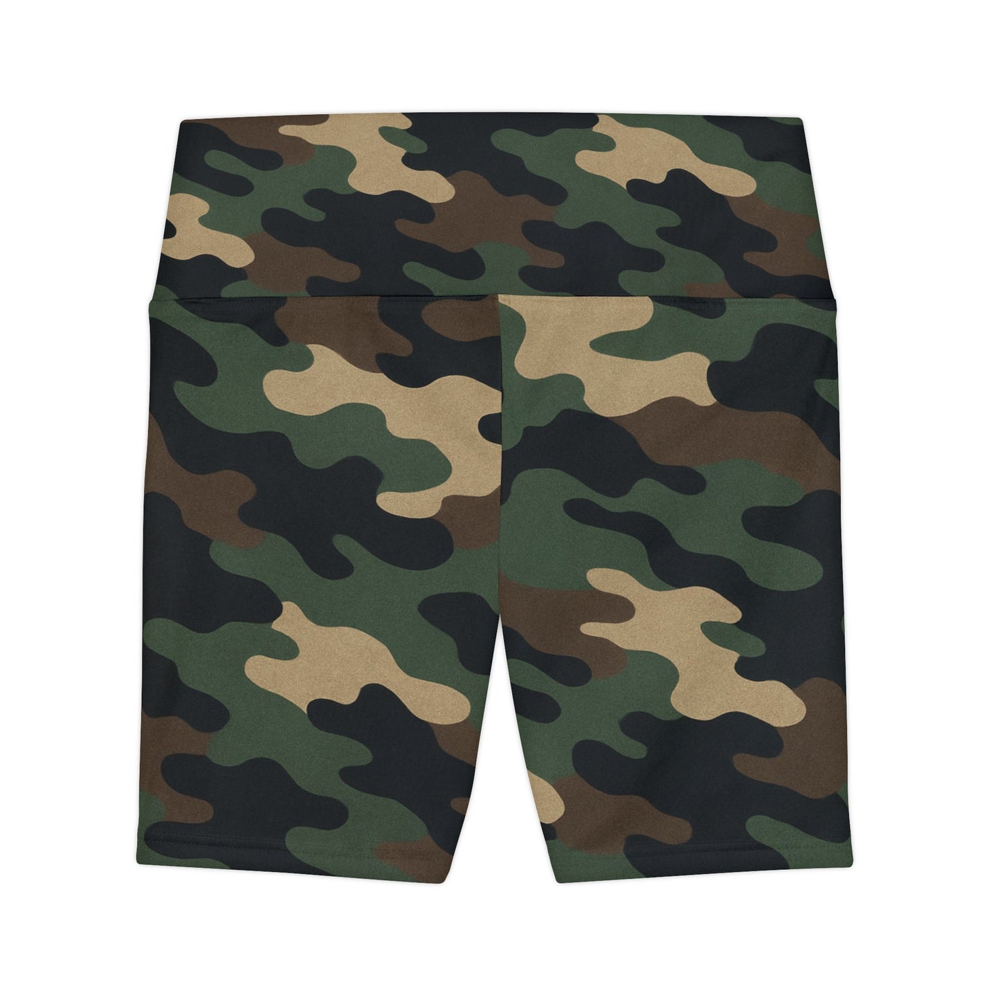 Olive green camouflage high-waist women's workout shorts with all-over print, activewear designed for comfort and style.