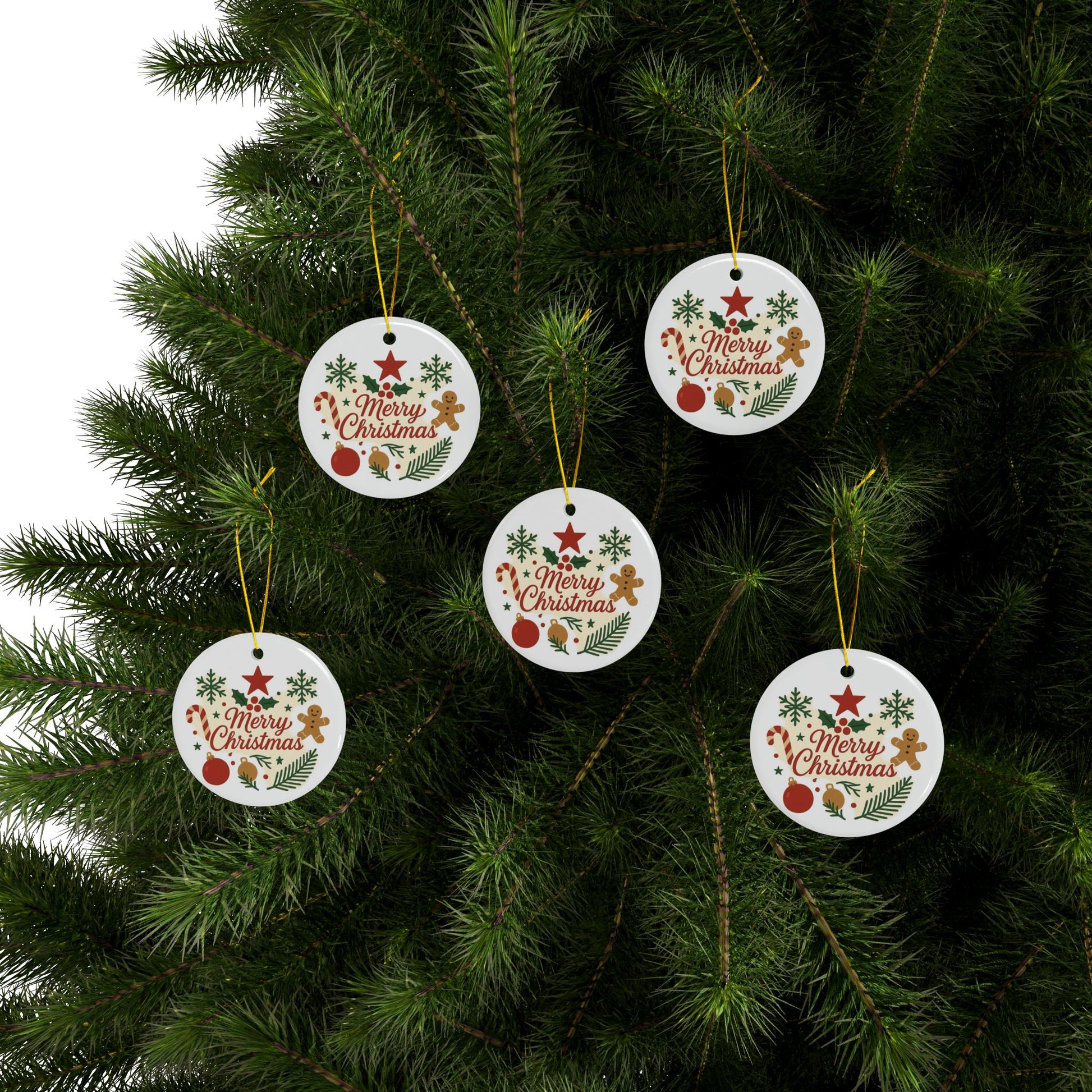 Double-sided ceramic Christmas ornament with gingerbread and candy cane holiday tree designs by Printify.