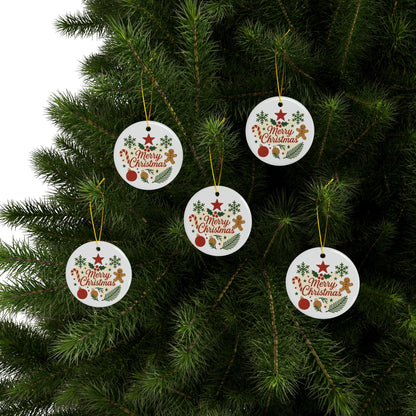 Double-sided ceramic Christmas ornament with gingerbread and candy cane holiday tree designs by Printify.