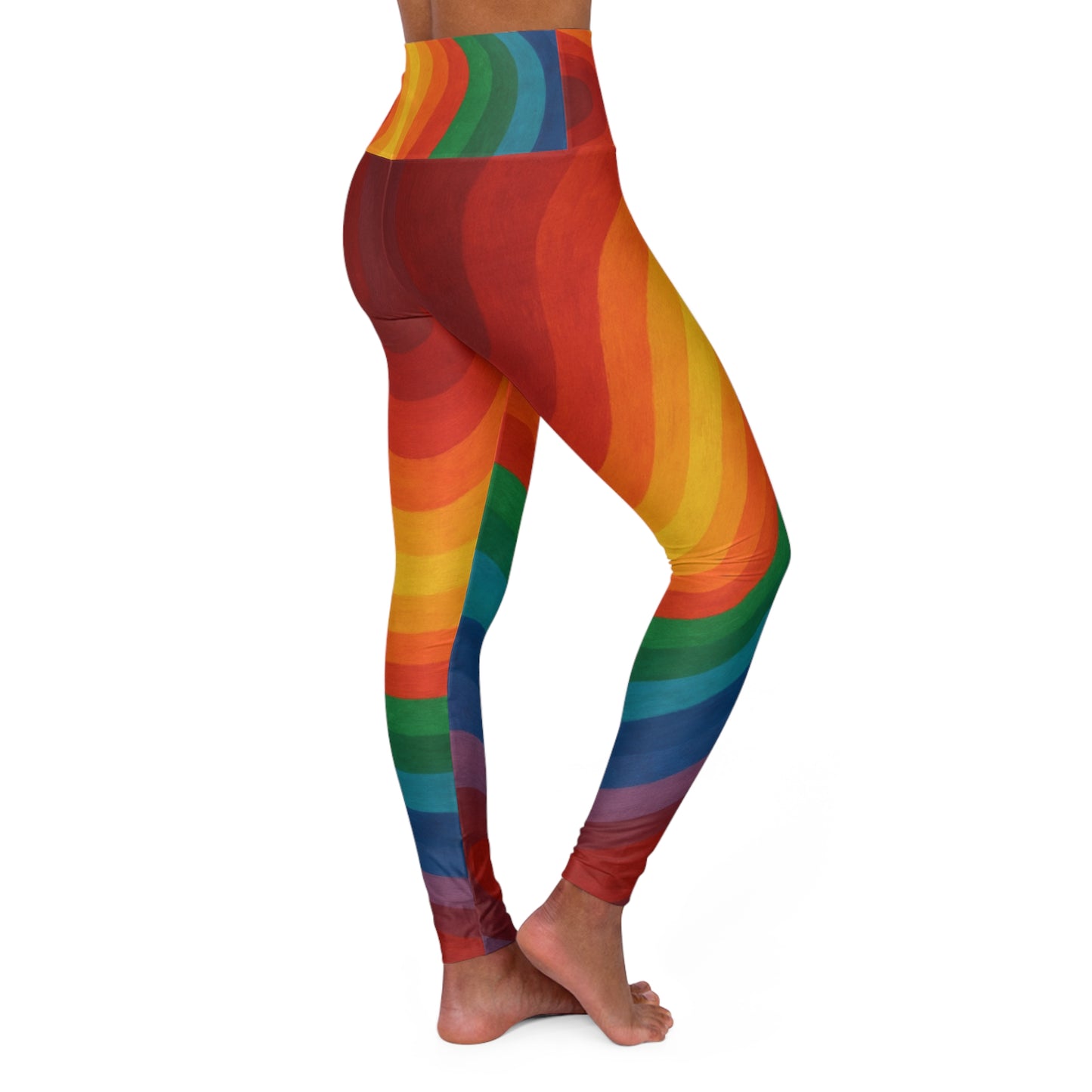 Rainbow High-Waisted Yoga Leggings with colorful all-over print, designed for comfort and style for yoga enthusiasts.