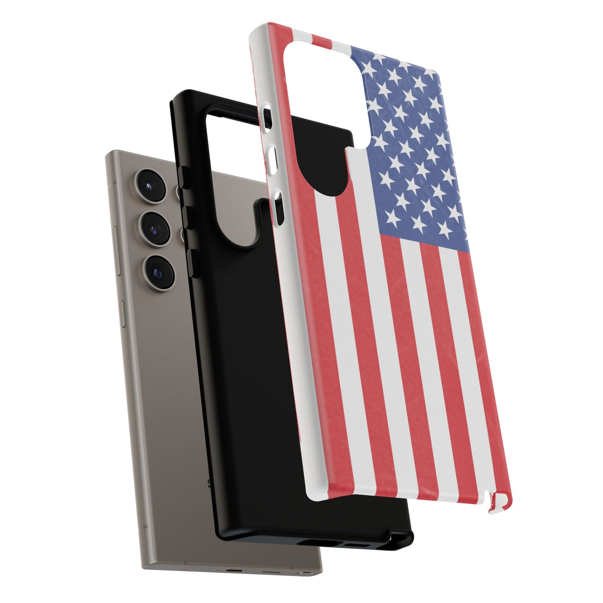 Durable American flag tough phone case for iPhone, patriotic design with bold stars and stripes, made by Printify.