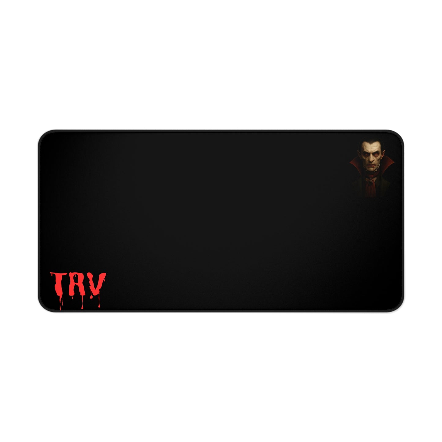 Vampire blood drip desk mat with vampire portrait design, black and red color scheme, ideal for gaming or office use.