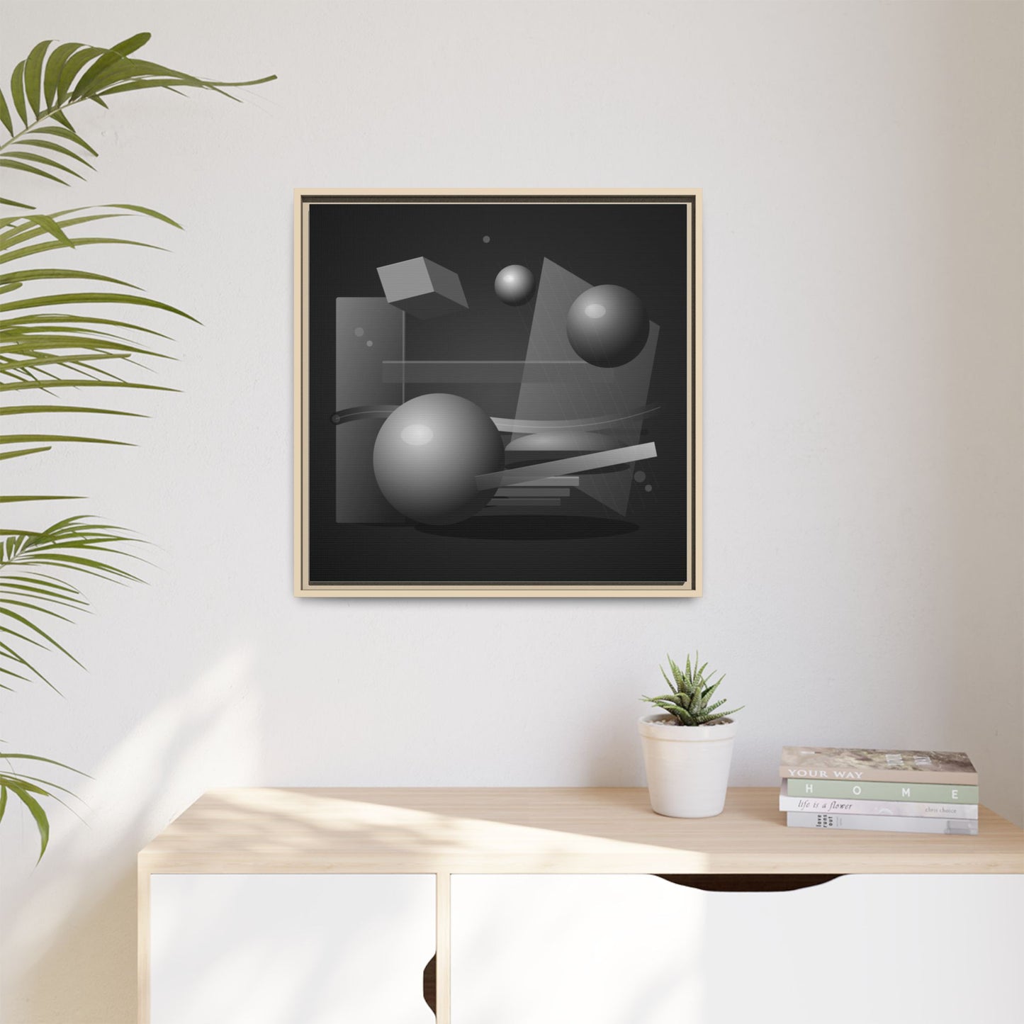 Monochrome Geometric Spheres Canvas Framed Wall Art | Matte Print
